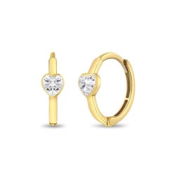 Cercei Creole din Aur 14K pentru Copii, model Sparkling Heart cu Piatra CZ, inchidere tortita