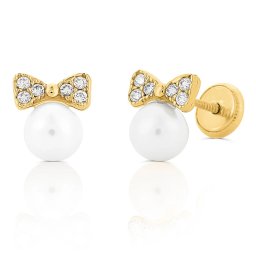 Cercei Copii din Aur 14K, model Perla de Cultura 5mm si Funda cu Pietre CZ albe, inchidere cu Filet si Protectie