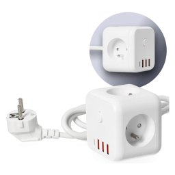Prelungitor cubic cu întrerupător LINEA 3x230V + 4xUSB c.a. alb