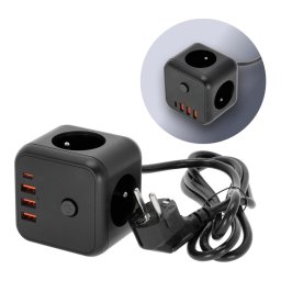 Prelungitor cubic cu întrerupător LINEA 3x230V + 4xUSB c.a. negru