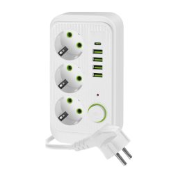 Multipriză cu întrerupător LINEA 3x230V + 5xUSB c.a. alb