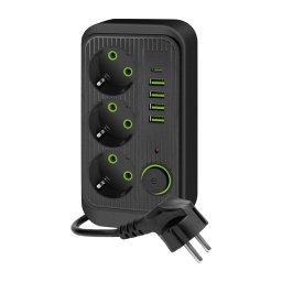 Multipriză cu întrerupător LINEA 3x230V + 5xUSB c.a. negru
