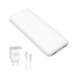 Acumulator extern 10000 mAh + adaptor 20W Power Delivery + cablu USB-C/USB-C 1m alb