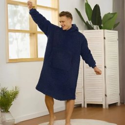 Patura cu maneci Hanorac cu gluga si buzunar cangur Flanel 250g mp 135 cm Albastru