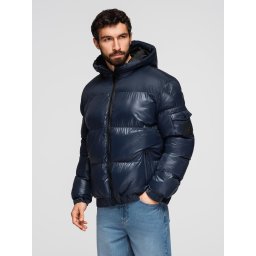 Ombre Warm men's puffer jacket with welts - navy blue