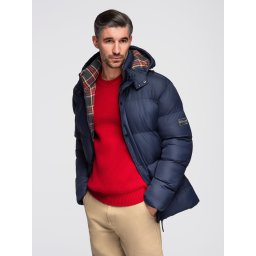 Ombre Men's puffer jacket with check lining - navy blue