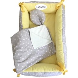 Reductor personalizat bebe bed nest cu paturica si pernuta antiplagiocefalie deseda stelute pe gri