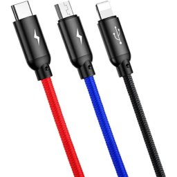 Cablu Date si Incarcare Baseus USB tip tip Lightning - USB la MicroUSB - USB la USB Type-C Three Primary Colors 3.5A, 1.2 m, CAMLT-BSY01, Negru