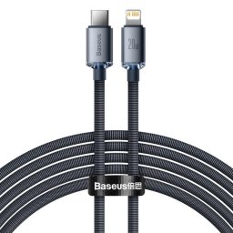 Cablu Date si Incarcare Baseus, Crystal Shine Braided CAJY000301, USB Type-C la tip Lightning, 2m, 20W, Negru