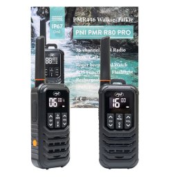 Statie radio portabila PNI PMR R80 PRO, set cu 2 bucati, 0.5W, 16 canale, Waterproof IP67, cu lanterna LED, buton SOS, VOX, USB-