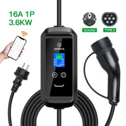 Omnyx Stație de încărcare pentru vehicule electrice pentru priză obișnuită - 3,6 KW, Tip 2, Bluetooth, WiFi, 5m, aplicație mobilă