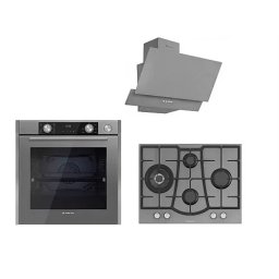 Cuptor Pachet incorporabil Studio Casa Glamour Aqua Cooking, Cuptor electric sticla gri, Plita gaz 70 cm sticla gri si Hota decorativa sticla gri, 10 functii, Grill, Rotisor, Coacere asistata cu abur, Sticla gri / Inox