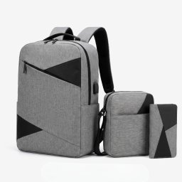 Set 3 in 1 Rucsac calatorie si laptop cu USB, Geanta si Portofel, Rucsac 41x30x13 cm, Poliester durabil, Ideal pentru scoala, birou si City Break, Gri