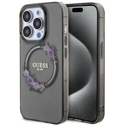 Husa Guess Flowers Ring Logo Glossy MagSafe pentru iPhone 15 Pro Negru