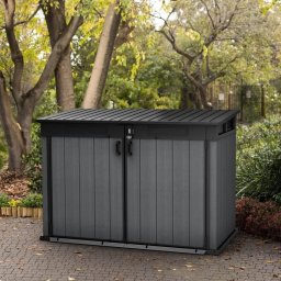 Dulap exterior pentru gradina, polirasina Evotech, depozitare unelte si tomberoane, gri inchis, Keter Cortina Mega, 2020 L, podea, sistem hidraulic, 1905 x 1093 x 1325 cm