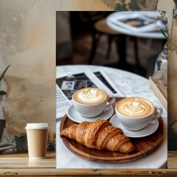 Tablou Canvas Cesti de Cafea cu Croissant BRF71 (Dimensiune LxH: 60x90cm)