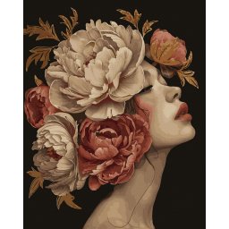 Set pictura pe numere, cu sasiu, Fata cu bujori 2 - canvas negru, 40x50 cm