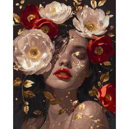Set pictura pe numere, cu sasiu, Fata cu bujori 4 - canvas negru, 40x50 cm