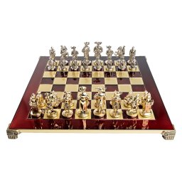 Combo set Piese sah din metal Cavalerii Medievali+Tabla de sah din metal rosu