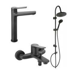 Pachet 3 in 1 Stratos - Baterie cada dus Negru Mat, baterie lavoar inalta si set bara dus rotund Negru Mat,