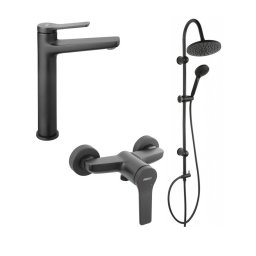 Pachet 3 in 1 Stratos - Baterie dus Negru Mat, baterie lavoar inalta si set bara dus rotund Negru Mat,