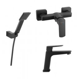 SET3IN1 VITTO BLACK VERDELINE - Baterie perete dus cu set de dus mobil cu Baterie stativa lavoar si set dus mobil