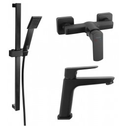 SET3IN1 VITTO BLACK VERDELINE - Baterie perete dus cu set de dus mobil cu Baterie stativa lavoar si set dus mobil squerto black