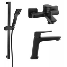 SET3IN1 VITTO BLACK VERDELINE - Baterie perete cada dus cu set de dus mobil cu Baterie stativa lavoar si set dus mobil squerto black
