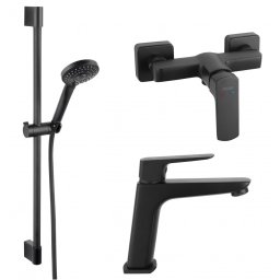 SET3IN1 VITTO BLACK VERDELINE - Baterie perete dus cu set de dus mobil cu Baterie stativa lavoar si set dus mobil horn black