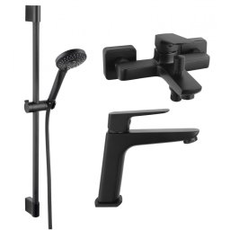 SET3IN1 VITTO BLACK VERDELINE - Baterie perete cada dus cu set de dus mobil cu Baterie stativa lavoar si set dus mobil horn black
