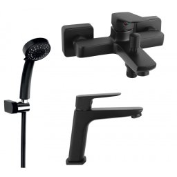 SET3IN1 VITTO BLACK VERDELINE - Baterie perete cada dus cu set de dus mobil cu Baterie stativa lavoar si set dus mobil