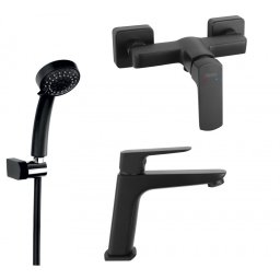 SET3IN1 VITTO BLACK VERDELINE - Baterie perete dus cu set de dus mobil cu Baterie stativa lavoar si set dus mobil