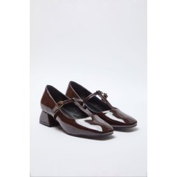 Trendyol Brown Women's Patent Leather T-Strap Mary Jane Block Heel Shoes