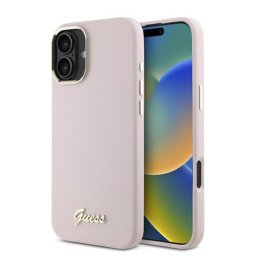 Husa Husa pentru iPhone 16 - Guess Silicone Script Metal Logo & Frame (GUHCP16SSMBSLP) - Pink