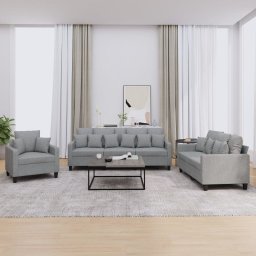 Set de canapele cu perne, 3 piese, gri deschis, textil GartenMobel Dekor