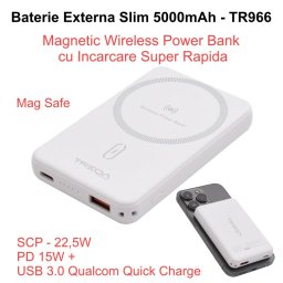 Baterie Externa 5000mAh, Power Bank Slim - Magnetic Wireless 15W, Usb / TR-966 / Alb