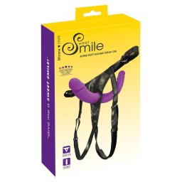 SMILE - dildo dublu cu ham pentru cupluri - silicon - mov-negru