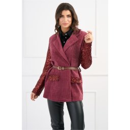 Sacou elegant din velur magenta cu maneci din paiete si curea in talie