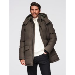 Ombre Men's long warm parka jacket with wool - dark grey melange