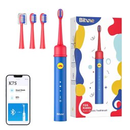 Periuta de dinti sonica cu aplicatie pentru copii, set de sfaturi Bitvae, BVK7S Albastru, Pana la 100 zile utilizare,3 moduri periere si 2 trepte intensitate