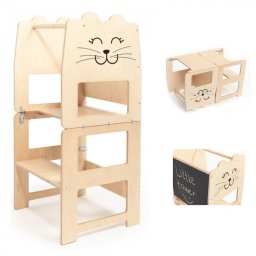Tuktuk Turn de învățare pentru copii 3în1 cu tablă de desen pliabilă în masă și scaun - Kitty, Natural