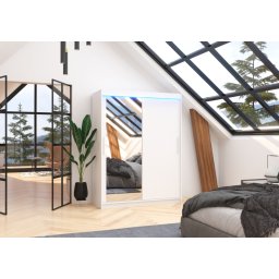 Dulap cu usi glisante si oglinda + iluminare LED, Bianco 150 + LED, 150 cmx200 cmx58 cm, ADRK Furniture