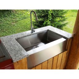 Chiuveta bucatarie inox cu front vizibil CookingAid FARMHOUSE Apron Large Workstation cu scurgator vase paste fructe, gratar rulabil inox, dozator sapun, tocator Sapele si accesorii montaj Farmhouse