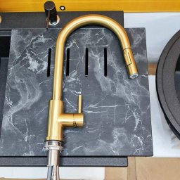 Baterie CookingAid GOLDEN TAP auriu cu furtun dus retractabil extractibil + buton interschimbabil jet dus si finisaj mat