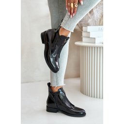 Patent leather women's ankle boots with a flat heel insulated black S.Barski black