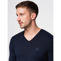 Ombre Men's elegant BASIC V-neck sweater with viscose - navy blue