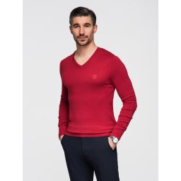 Ombre Men's elegant V-neck BASIC sweater with viscose - red