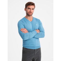 Ombre Elegant men's BASIC V-neck sweater with viscose - blue