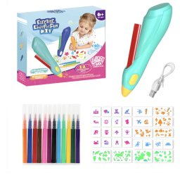 Creion inteligent de imprimare 3D, cu 12 carioci si sabloane, incarcare USB, bleu