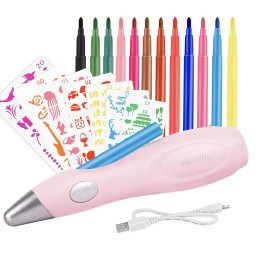 Creion inteligent de imprimare 3D, cu 12 carioci si sabloane, incarcare USB, roz